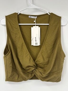 Zara Olive Twist-Front Crop Tank